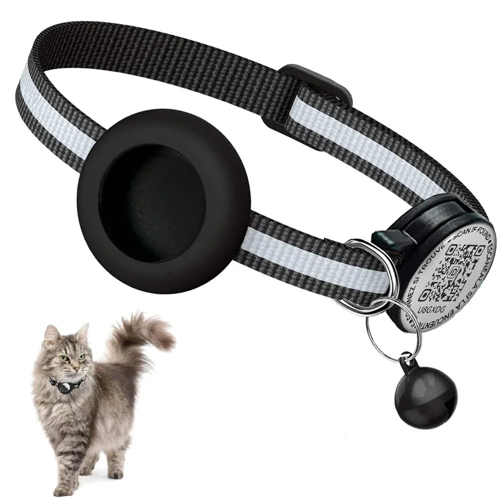 GPS Tracker Cat Collar with QR Name Tag & Airtag Holder, 2 in 1 Protection Reflective Kitten Collar for Cats Airtag Case(No GPS)