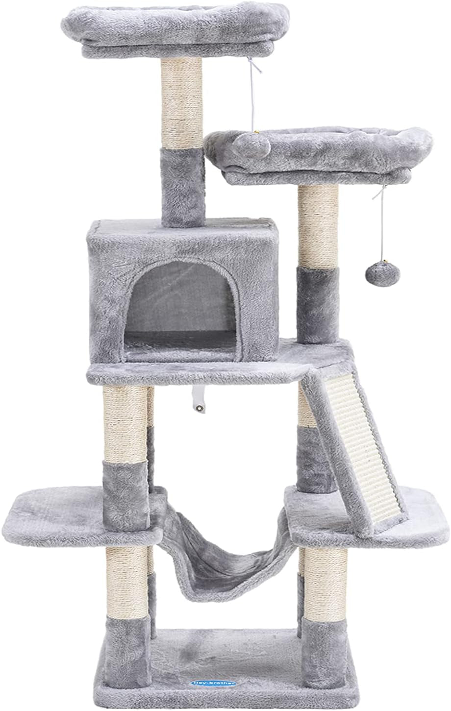 Cat Tree for Indoor Cats, 53 Inch Cat Tower with Scratch Posts, Sturdy Cat House with Cat Condo, 2 Well-Padded Cat Perches, Cat Hammock and Fur Balls Cat Toy Light Gray MPJ017W