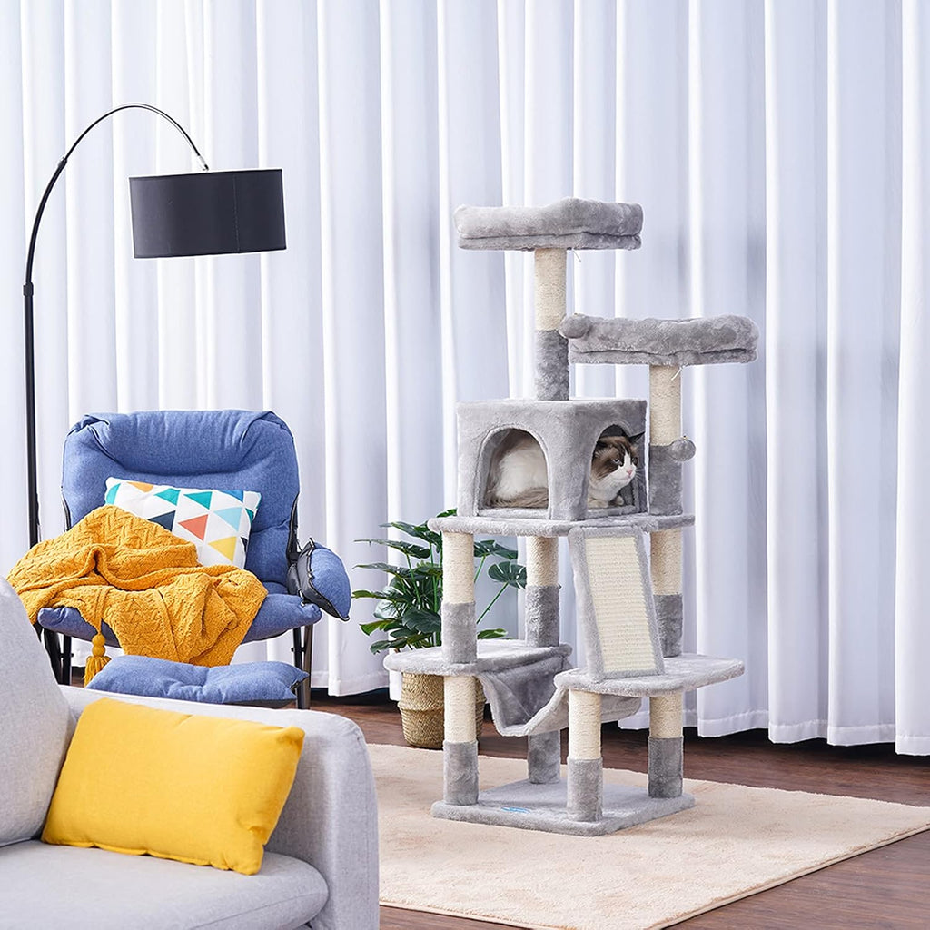 Cat Tree for Indoor Cats, 53 Inch Cat Tower with Scratch Posts, Sturdy Cat House with Cat Condo, 2 Well-Padded Cat Perches, Cat Hammock and Fur Balls Cat Toy Light Gray MPJ017W
