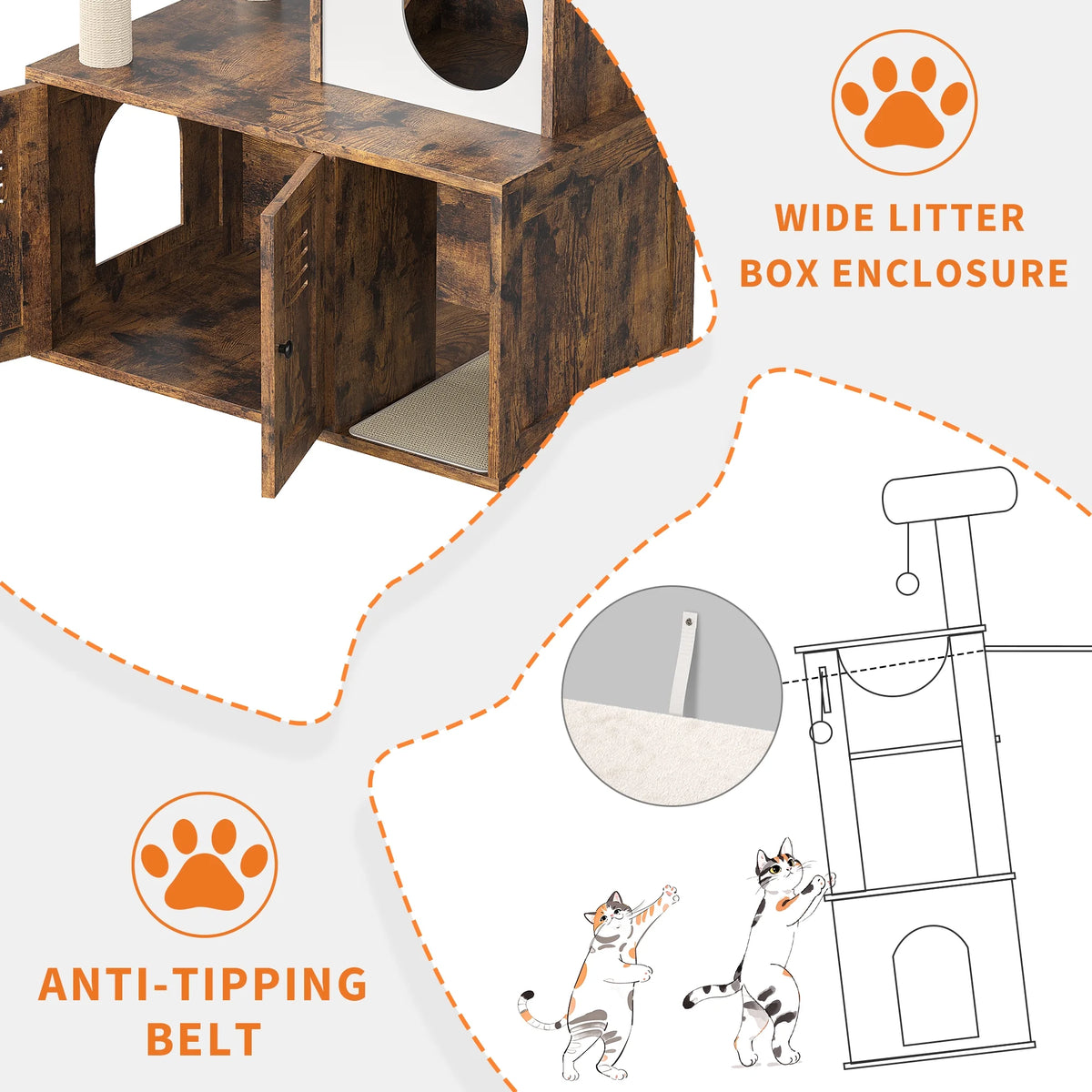 55'' Cat Tree with Litter Box Enclosure, Wooden Cat Washroom Furniture Wooden Cat Tower with Scratching Posts & Detachable Teaser Sticks, Cat Furniture Pet House, Fits Most Litter Boxes Cat Condo