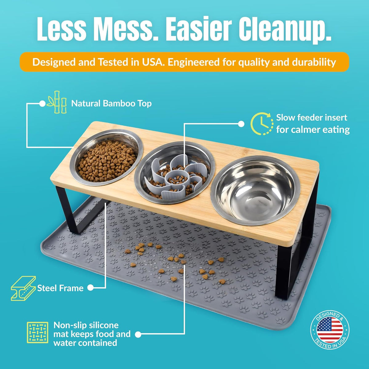 Raised Cat Food Bowls-3 Bowl Elevated Cat Feeding Station with Mat | Elevated Cat Food Bowls anti Vomiting-15° Tilted Cat Food Bowls & Elevated Slow Feeder Cat Bowls for Healthier Meals