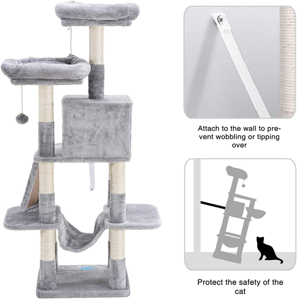 Cat Tree for Indoor Cats, 53 Inch Cat Tower with Scratch Posts, Sturdy Cat House with Cat Condo, 2 Well-Padded Cat Perches, Cat Hammock and Fur Balls Cat Toy Light Gray MPJ017W