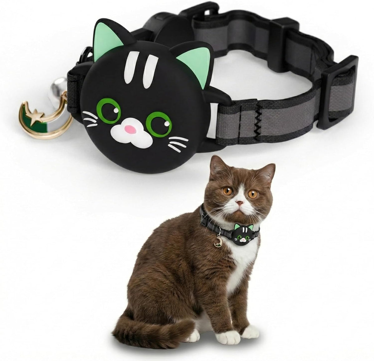 Airtag Cat Collar – Breakaway Reflective & Waterproof Collar with Built-In Holder, Adjustable with Bell for Indoor/Outdoor Cats – Airtag Not Included, Black (9-12")