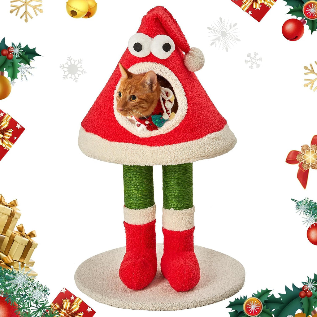 32" Cat Tree Tower –Santa Hat Design with Scratching Posts & Cozy Bed, Suitable for Small to Large Cats, Red