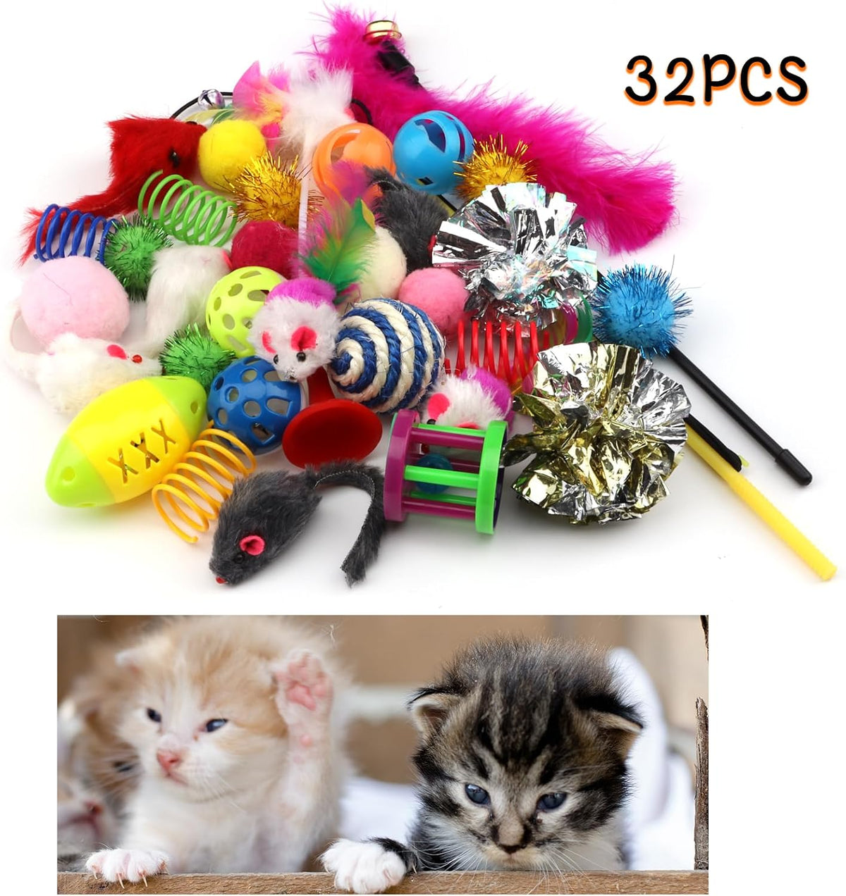 32 Packs Cat Toys Variety Pack for Cat, Cat Balls with Bells, Cat Feather Toy, Cat Mouse Toys, Cat Crinkle Balls, Catnip Toys for Indoor Cats Kittens, Kitten Toys Assortments