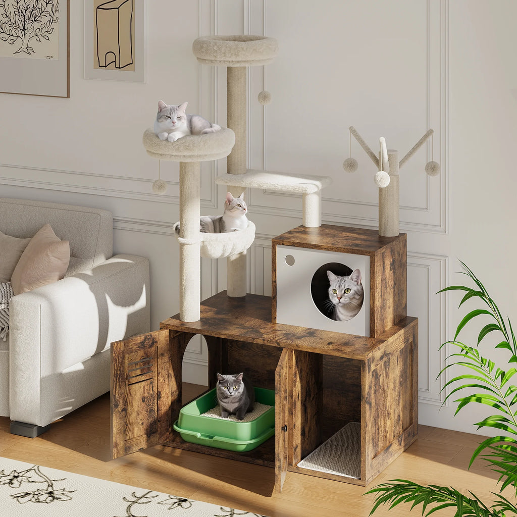 55'' Cat Tree with Litter Box Enclosure, Wooden Cat Washroom Furniture Wooden Cat Tower with Scratching Posts & Detachable Teaser Sticks, Cat Furniture Pet House, Fits Most Litter Boxes Cat Condo
