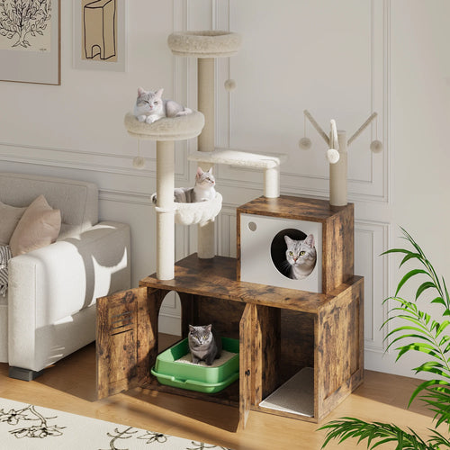55'' Cat Tree with Litter Box Enclosure, Wooden Cat Washroom Furniture Wooden Cat Tower with Scratching Posts & Detachable Teaser Sticks, Cat Furniture Pet House, Fits Most Litter Boxes Cat Condo