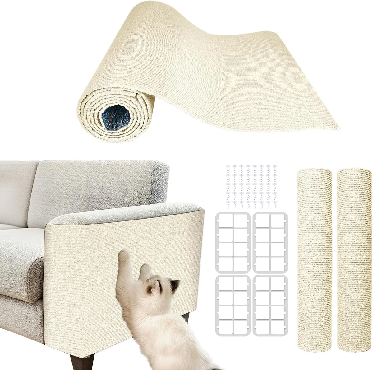 Cat Scratch Mat for Couch, Wall & Cat Tree - 78.7" Trimmable Self-Adhesive Cat Scratcher, Cat Scratch Furniture Protector, Felt Alternative to Sisal, DIY Cat Tower Replacement, 2 Pack (Beige)