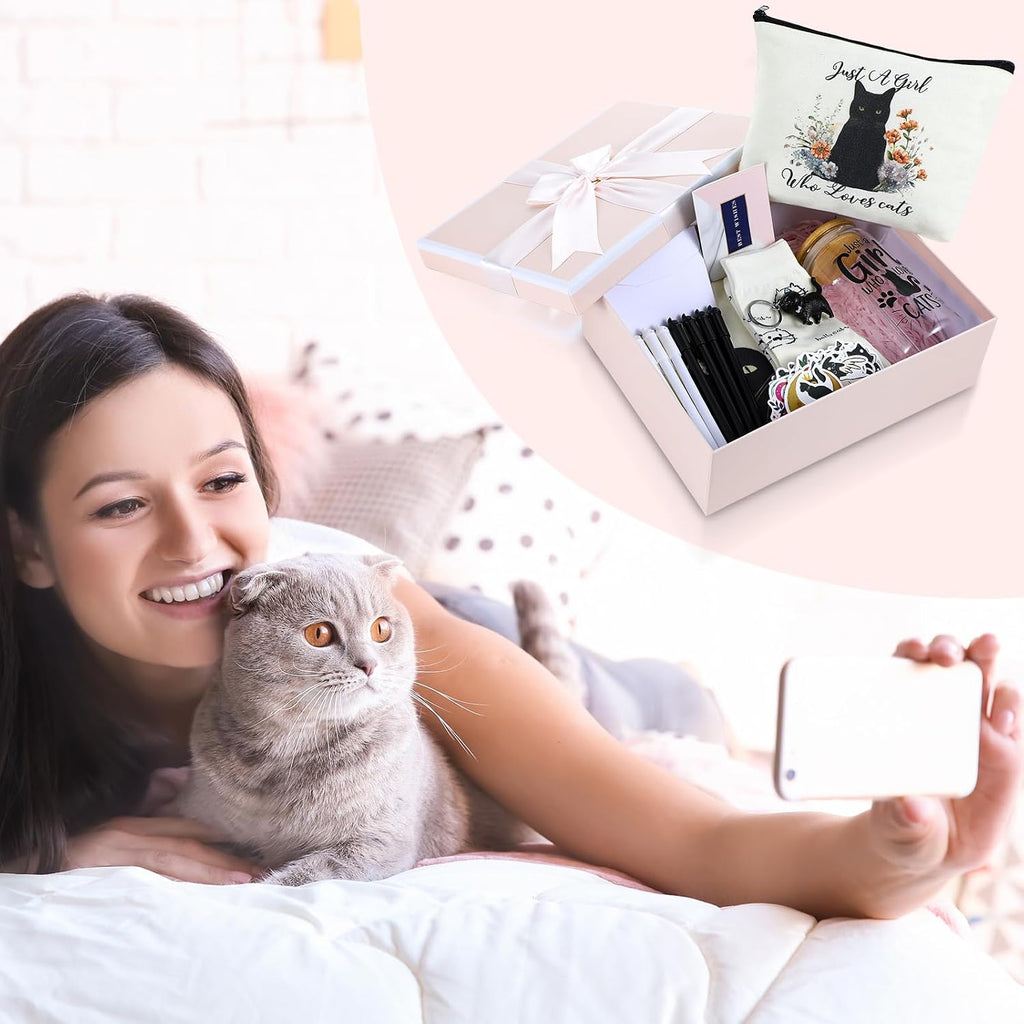 62 Pcs Cat Gifts for Women, Tote Bag Pouch Mug Socks Pens Card | 18Oz Glass Mug with Feline Design, 50 Stickers, Greeting Card, Gift Box Included, Ideal for Cat Lovers Birthday Presents