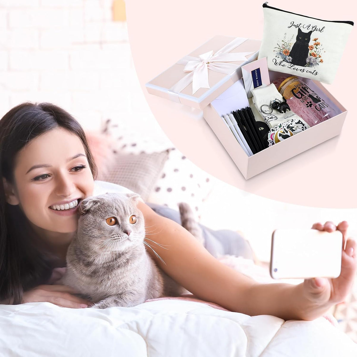 62 Pcs Cat Gifts for Women, Tote Bag Pouch Mug Socks Pens Card | 18Oz Glass Mug with Feline Design, 50 Stickers, Greeting Card, Gift Box Included, Ideal for Cat Lovers Birthday Presents