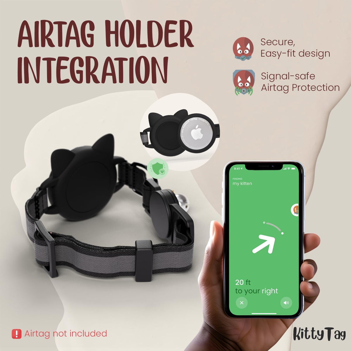 Airtag Cat Collar – Breakaway Reflective & Waterproof Collar with Built-In Holder, Adjustable with Bell for Indoor/Outdoor Cats – Airtag Not Included, Black (9-12")