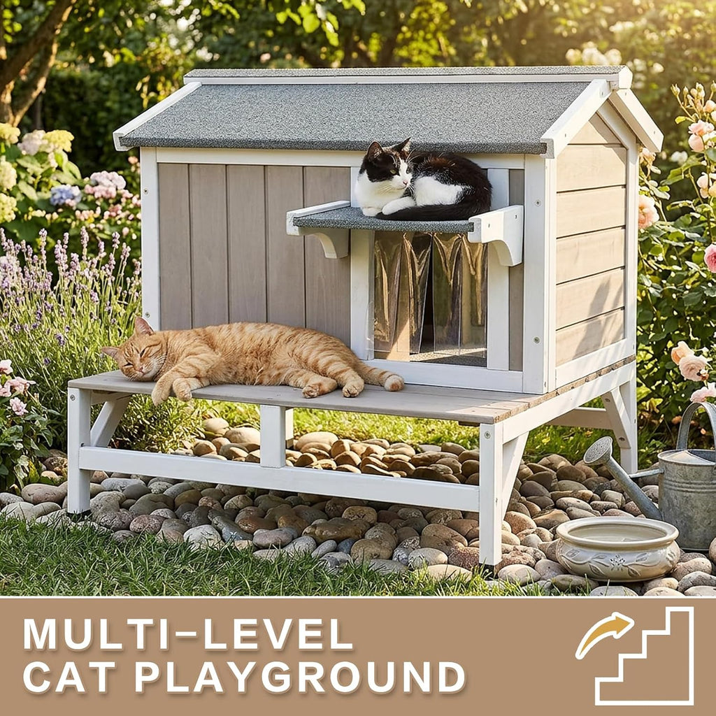 Outdoor Cat House – Weatherproof Wooden Shelter with Elevated Base, Balcony & Openable Roof, 2-Story Cozy Condo with Built-In Cat Scratch Mat for Small, Feral, or Community Cats