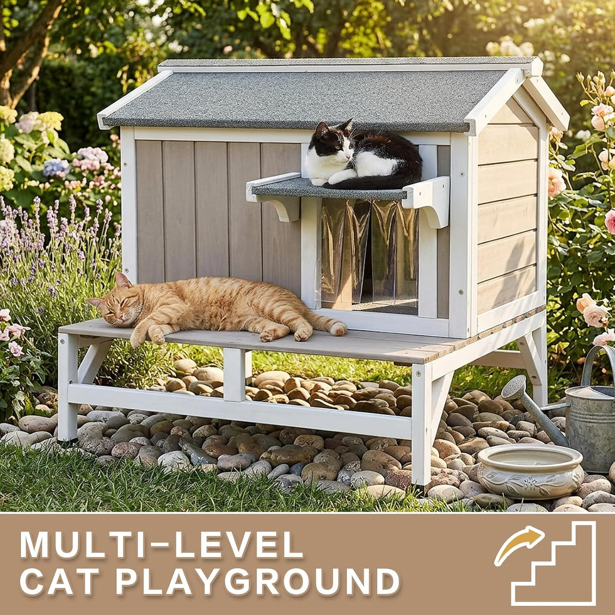 Outdoor Cat House – Weatherproof Wooden Shelter with Elevated Base, Balcony & Openable Roof, 2-Story Cozy Condo with Built-In Cat Scratch Mat for Small, Feral, or Community Cats