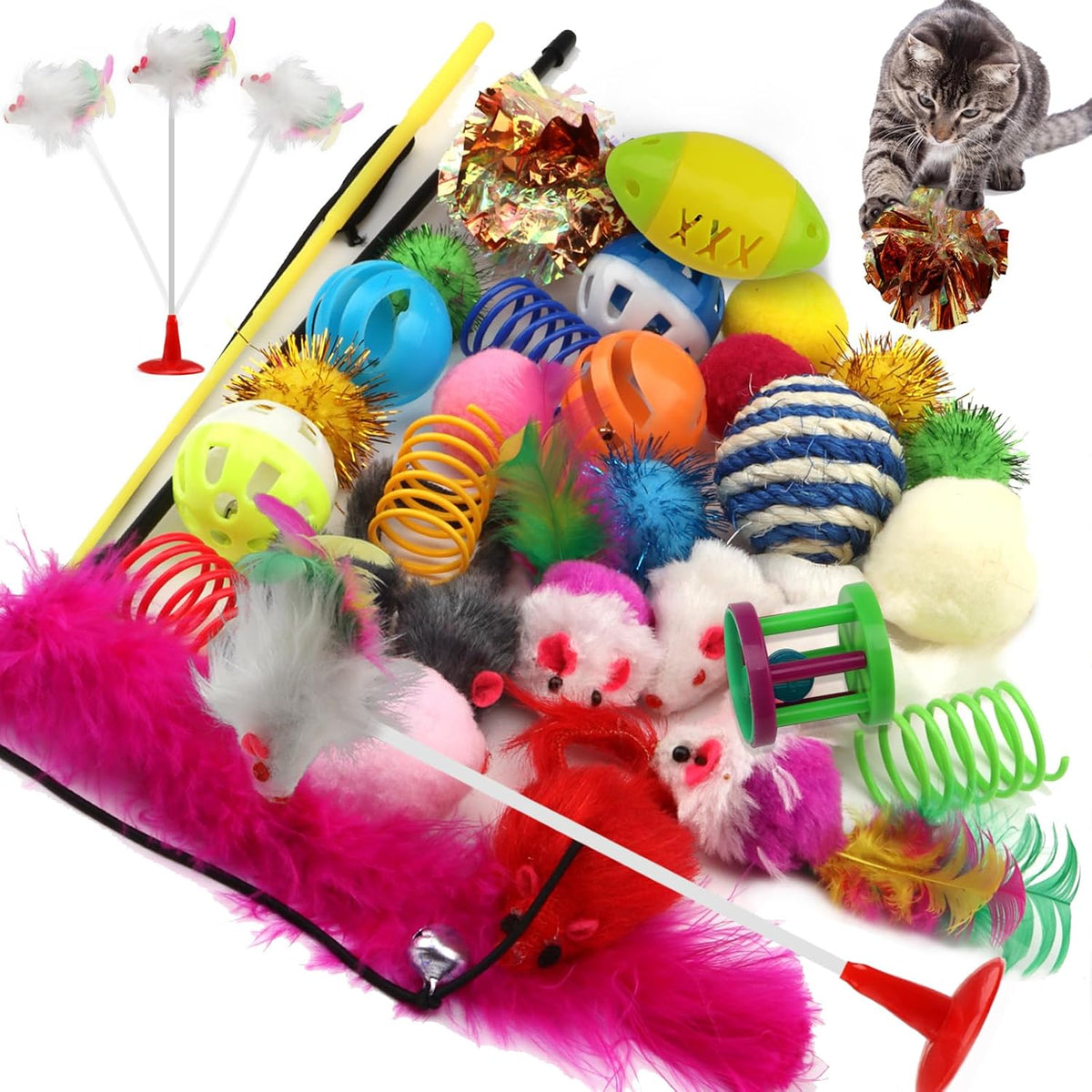 32 Packs Cat Toys Variety Pack for Cat, Cat Balls with Bells, Cat Feather Toy, Cat Mouse Toys, Cat Crinkle Balls, Catnip Toys for Indoor Cats Kittens, Kitten Toys Assortments