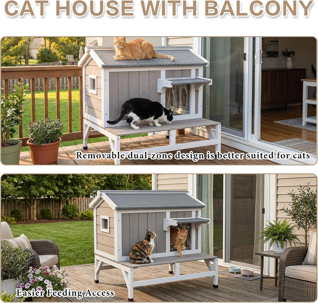 Outdoor Cat House – Weatherproof Wooden Shelter with Elevated Base, Balcony & Openable Roof, 2-Story Cozy Condo with Built-In Cat Scratch Mat for Small, Feral, or Community Cats