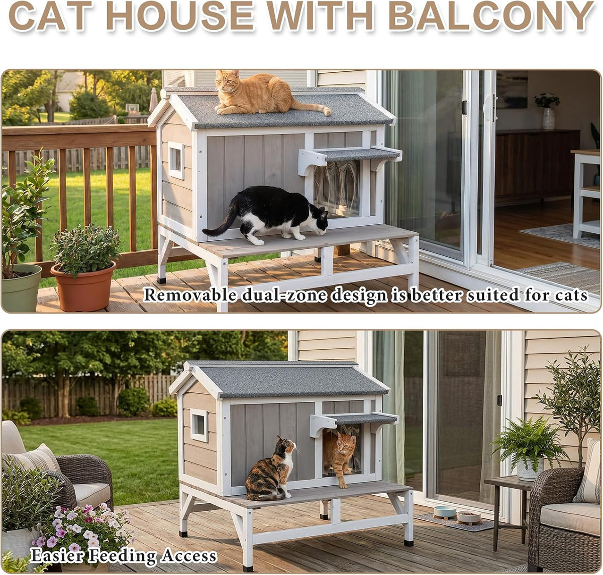 Outdoor Cat House – Weatherproof Wooden Shelter with Elevated Base, Balcony & Openable Roof, 2-Story Cozy Condo with Built-In Cat Scratch Mat for Small, Feral, or Community Cats