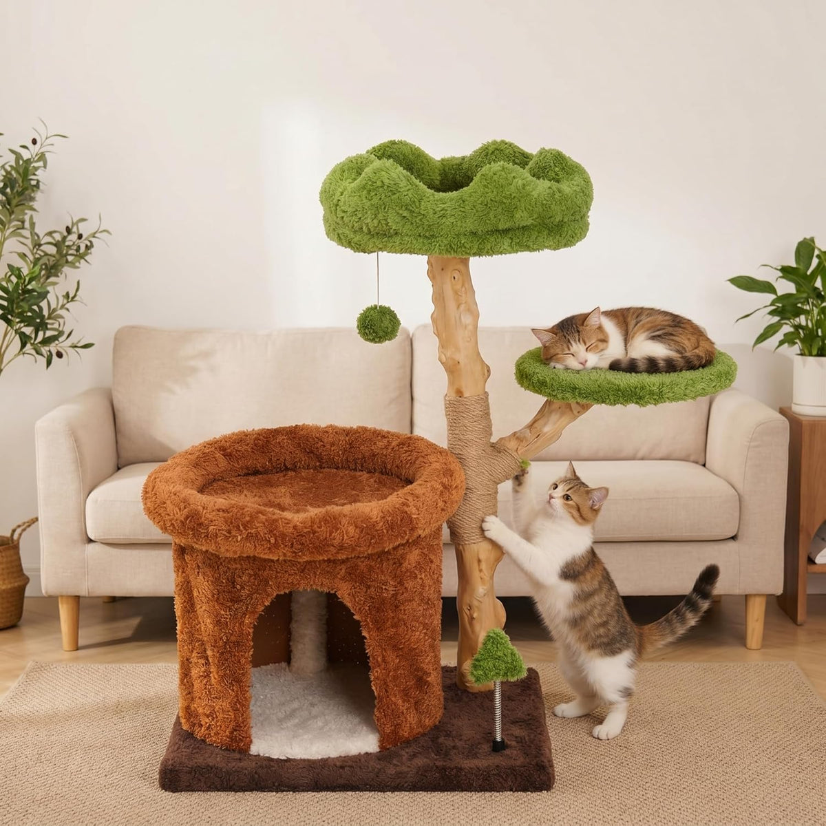 32" Multi-Level Cat Tree Tower, Natural Wood Cat Furniture with Sisal Scratching Posts, Beds & Condo, Cute Cat Tree for Indoor Cats and Multi-Cat Households