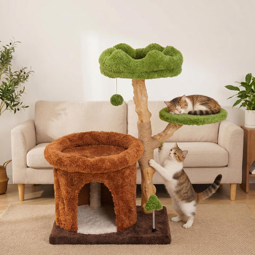 32" Multi-Level Cat Tree Tower, Natural Wood Cat Furniture with Sisal Scratching Posts, Beds & Condo, Cute Cat Tree for Indoor Cats and Multi-Cat Households