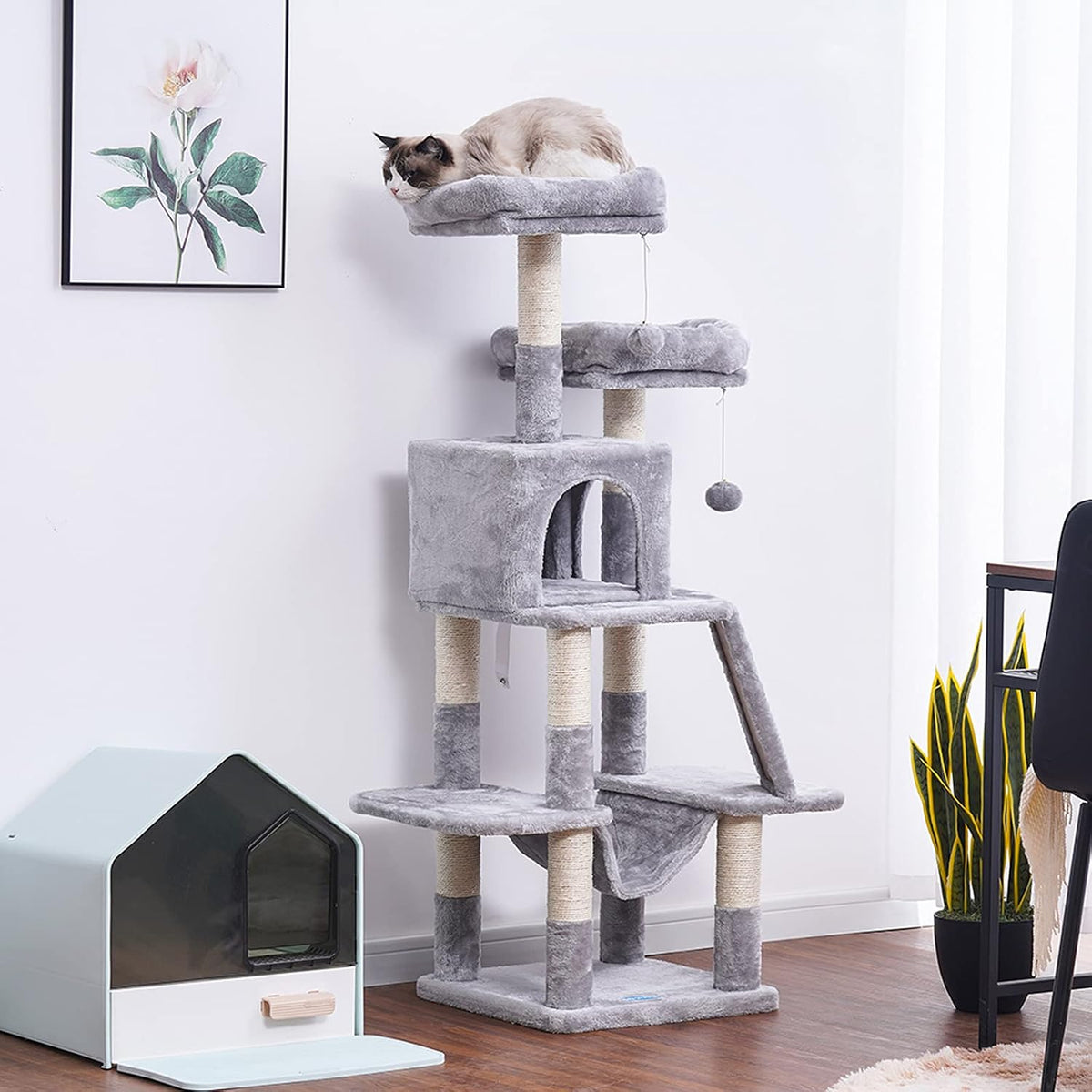 Cat Tree for Indoor Cats, 53 Inch Cat Tower with Scratch Posts, Sturdy Cat House with Cat Condo, 2 Well-Padded Cat Perches, Cat Hammock and Fur Balls Cat Toy Light Gray MPJ017W