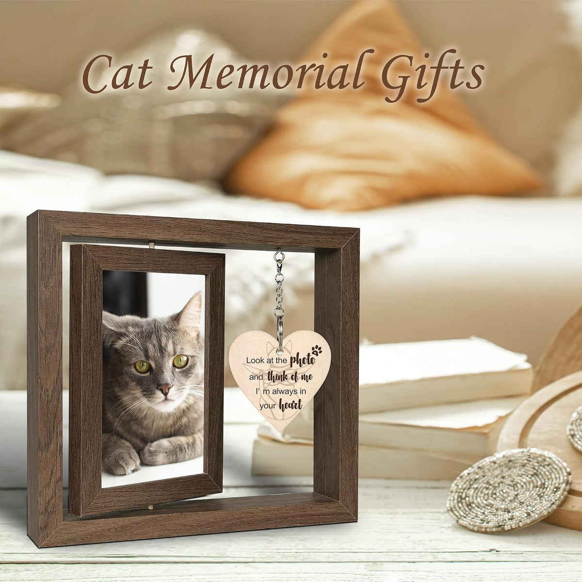 Rotating Cat Memorial Gifts Picture Frame Holds Two 4X6 Photos | 360° Rotating Pet Memorial Gifts for Cats, Loss of Cat Sympathy Gift, Cat Remembrance Gifts, Wooden Keepsake for Cat Lovers
