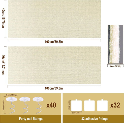 Cat Scratch Mat for Couch, Wall & Cat Tree - 78.7" Trimmable Self-Adhesive Cat Scratcher, Cat Scratch Furniture Protector, Felt Alternative to Sisal, DIY Cat Tower Replacement, 2 Pack (Beige)