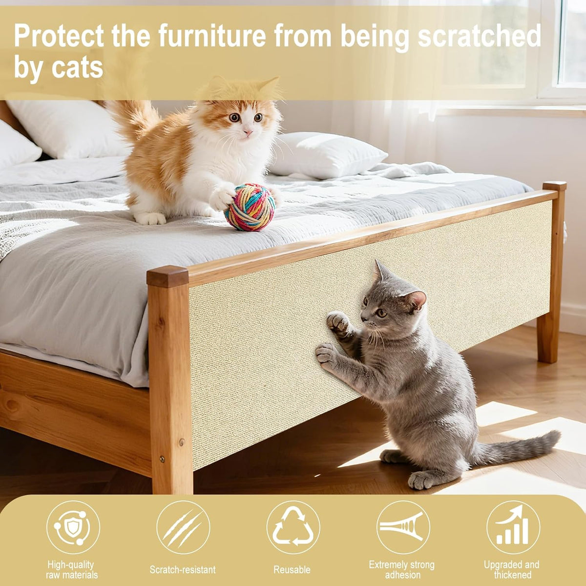 Cat Scratch Mat for Couch, Wall & Cat Tree - 78.7" Trimmable Self-Adhesive Cat Scratcher, Cat Scratch Furniture Protector, Felt Alternative to Sisal, DIY Cat Tower Replacement, 2 Pack (Beige)