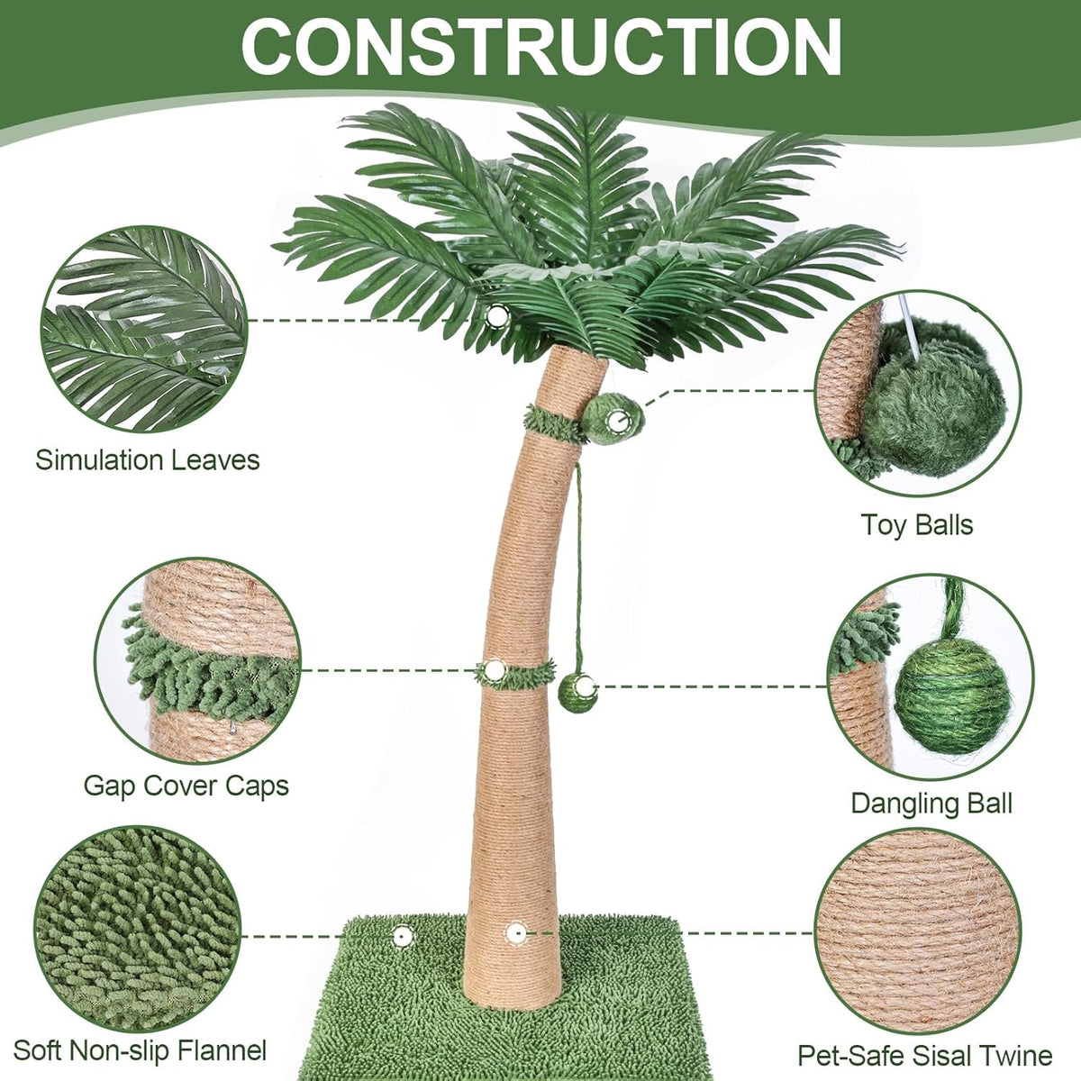 40'' Tall Cat Scratching Post Cat Tree, Curved Design Cat Scratcher Post with 3 Interactive Balls, Natural Sisal Rope Cat Scratching Posts for Indoor Cats Adults Kittens, Multi-Combinable (Style A)