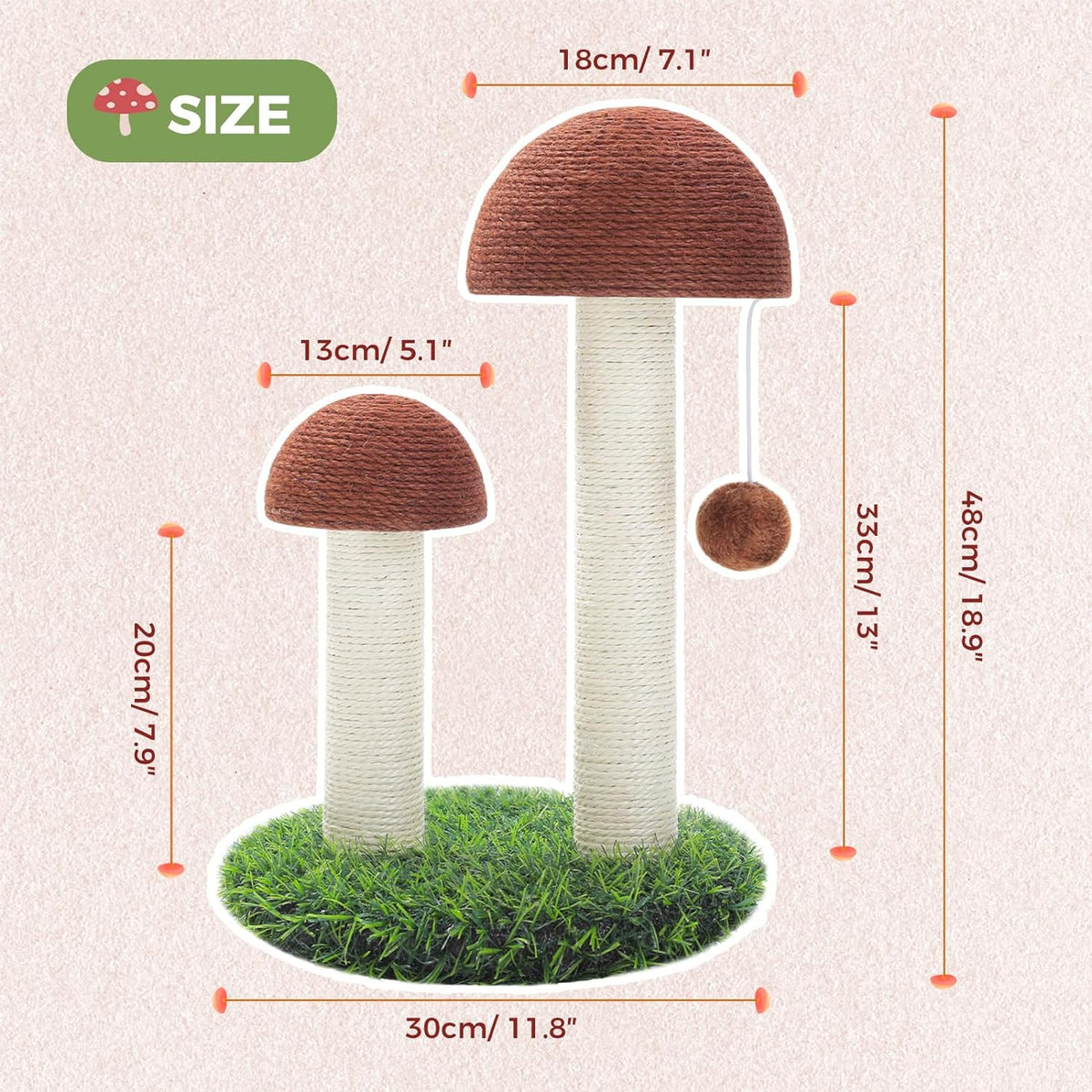 Cat Scratching Post, Mushroom Tall Cat Scratcher Featuring with Natural Sisal Scratching Poles+ Cat Beds for Indoor Cats, Large Cat House with Removable Flower Cat Bed