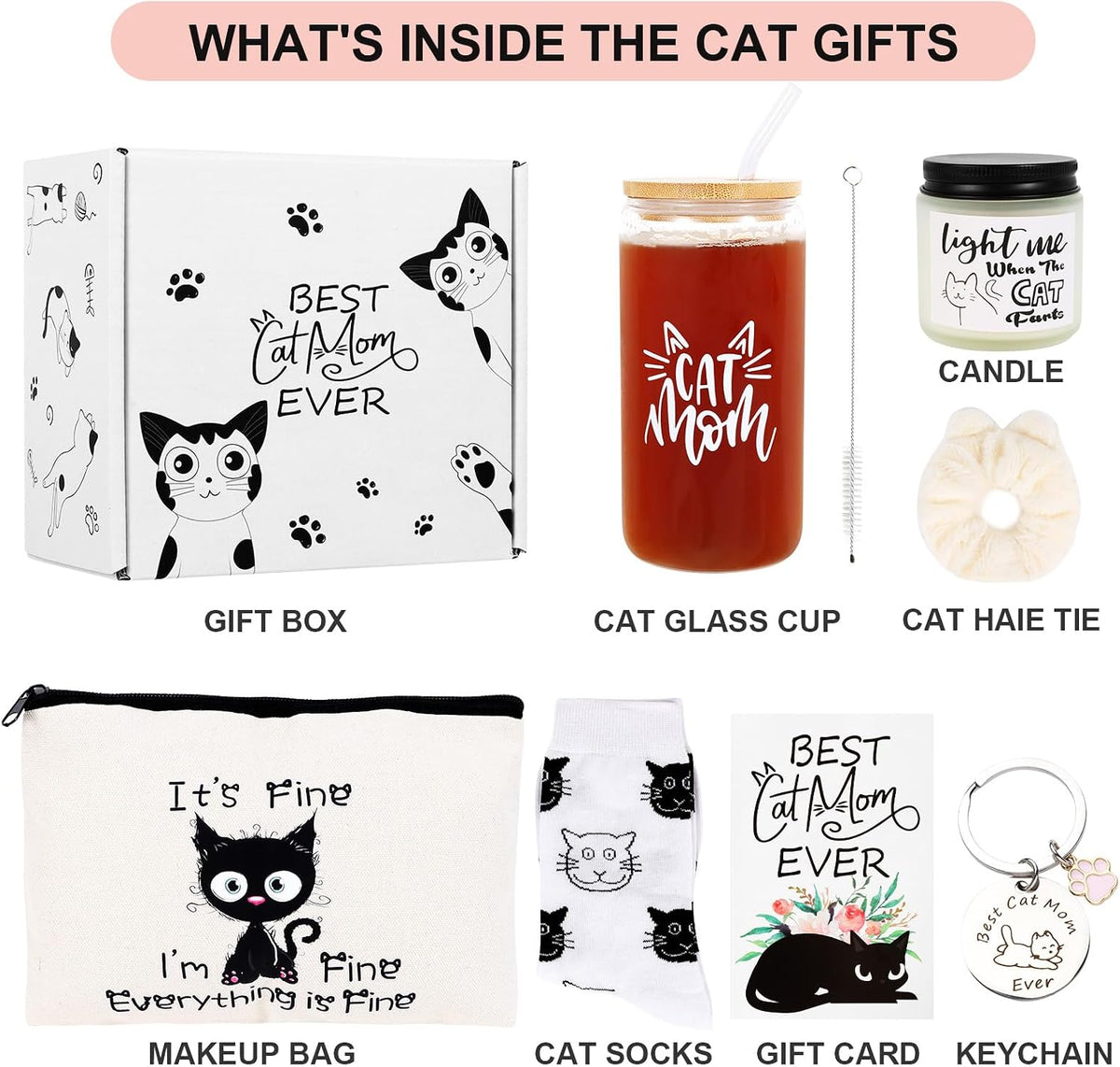 Cat Lover Gifts for Women - Cat Mom Gifts, Crazy Cat Lady Essentials: Makeup Bag, Socks, Scrunchies, Greeting Cards - Perfect for Birthdays & Mother'S Day