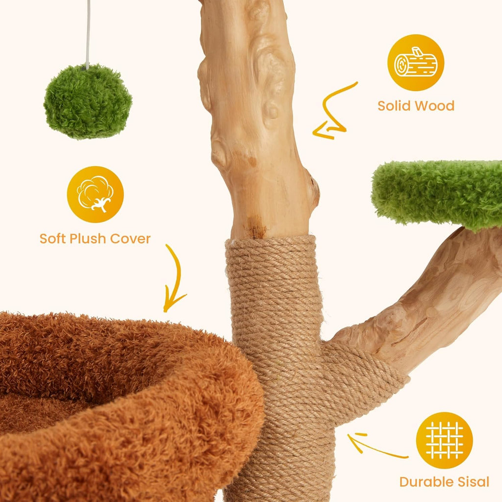 32" Multi-Level Cat Tree Tower, Natural Wood Cat Furniture with Sisal Scratching Posts, Beds & Condo, Cute Cat Tree for Indoor Cats and Multi-Cat Households