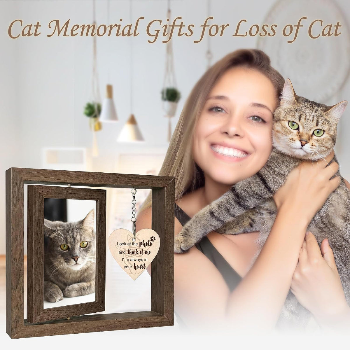 Rotating Cat Memorial Gifts Picture Frame Holds Two 4X6 Photos | 360° Rotating Pet Memorial Gifts for Cats, Loss of Cat Sympathy Gift, Cat Remembrance Gifts, Wooden Keepsake for Cat Lovers