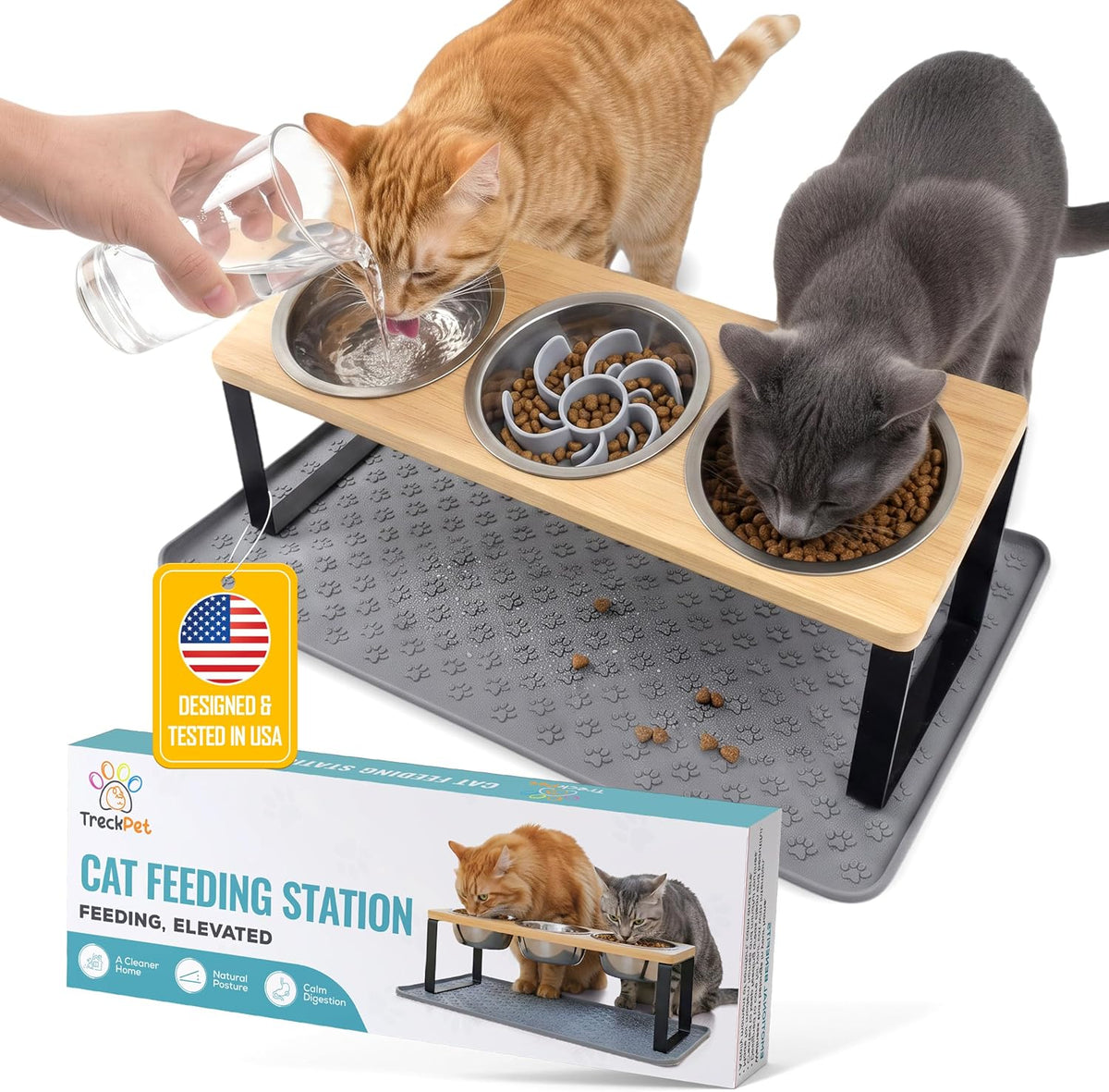 Raised Cat Food Bowls-3 Bowl Elevated Cat Feeding Station with Mat | Elevated Cat Food Bowls anti Vomiting-15° Tilted Cat Food Bowls & Elevated Slow Feeder Cat Bowls for Healthier Meals