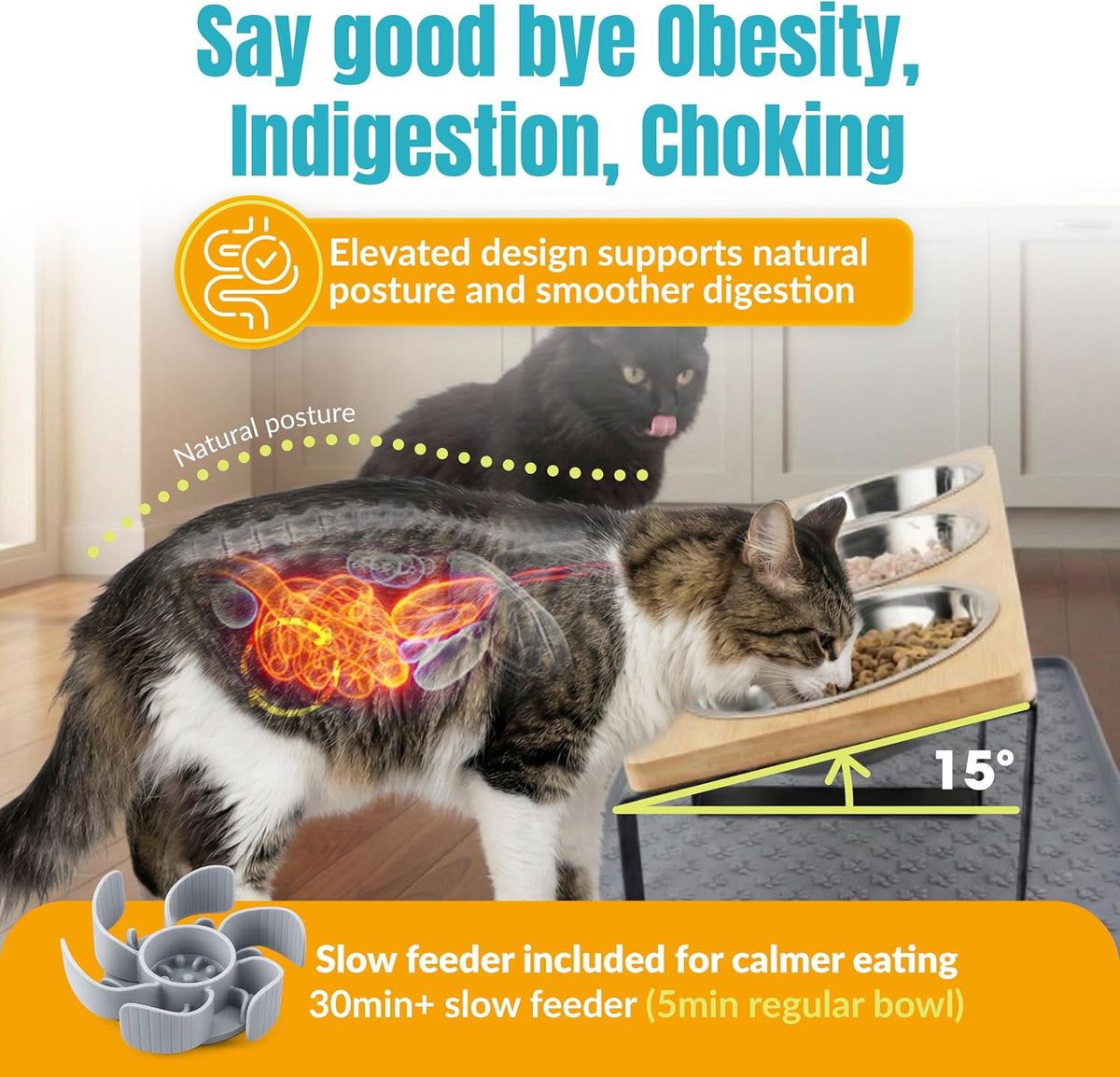 Raised Cat Food Bowls-3 Bowl Elevated Cat Feeding Station with Mat | Elevated Cat Food Bowls anti Vomiting-15° Tilted Cat Food Bowls & Elevated Slow Feeder Cat Bowls for Healthier Meals