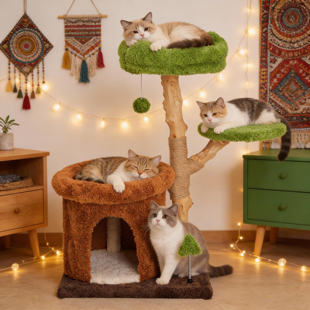 32" Multi-Level Cat Tree Tower, Natural Wood Cat Furniture with Sisal Scratching Posts, Beds & Condo, Cute Cat Tree for Indoor Cats and Multi-Cat Households