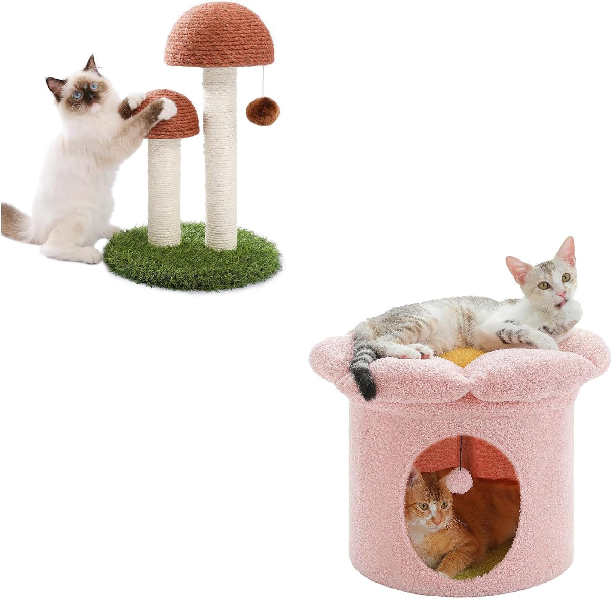 Cat Scratching Post, Mushroom Tall Cat Scratcher Featuring with Natural Sisal Scratching Poles+ Cat Beds for Indoor Cats, Large Cat House with Removable Flower Cat Bed