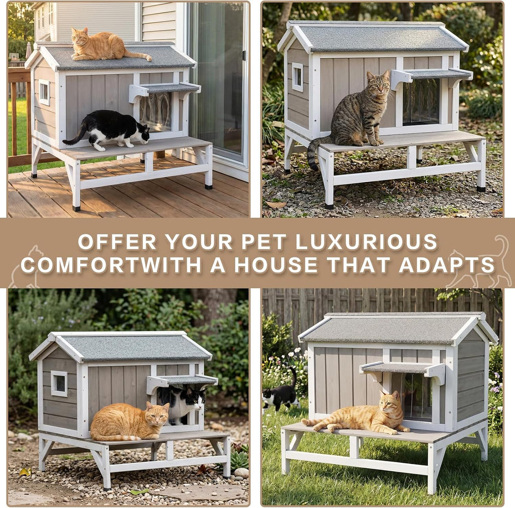 Outdoor Cat House – Weatherproof Wooden Shelter with Elevated Base, Balcony & Openable Roof, 2-Story Cozy Condo with Built-In Cat Scratch Mat for Small, Feral, or Community Cats