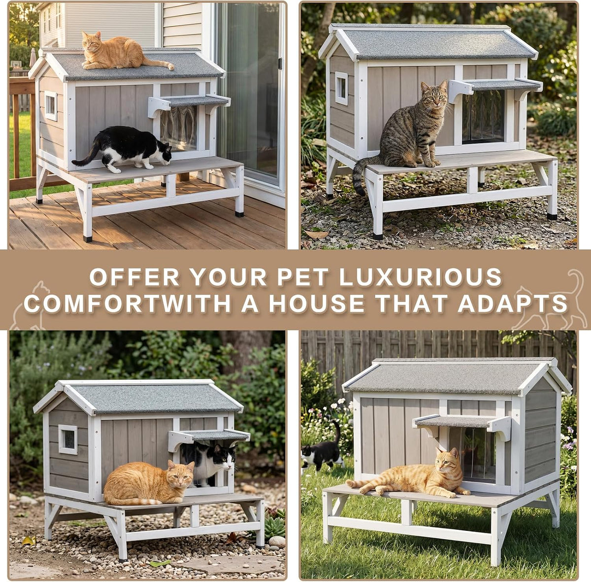 Outdoor Cat House – Weatherproof Wooden Shelter with Elevated Base, Balcony & Openable Roof, 2-Story Cozy Condo with Built-In Cat Scratch Mat for Small, Feral, or Community Cats