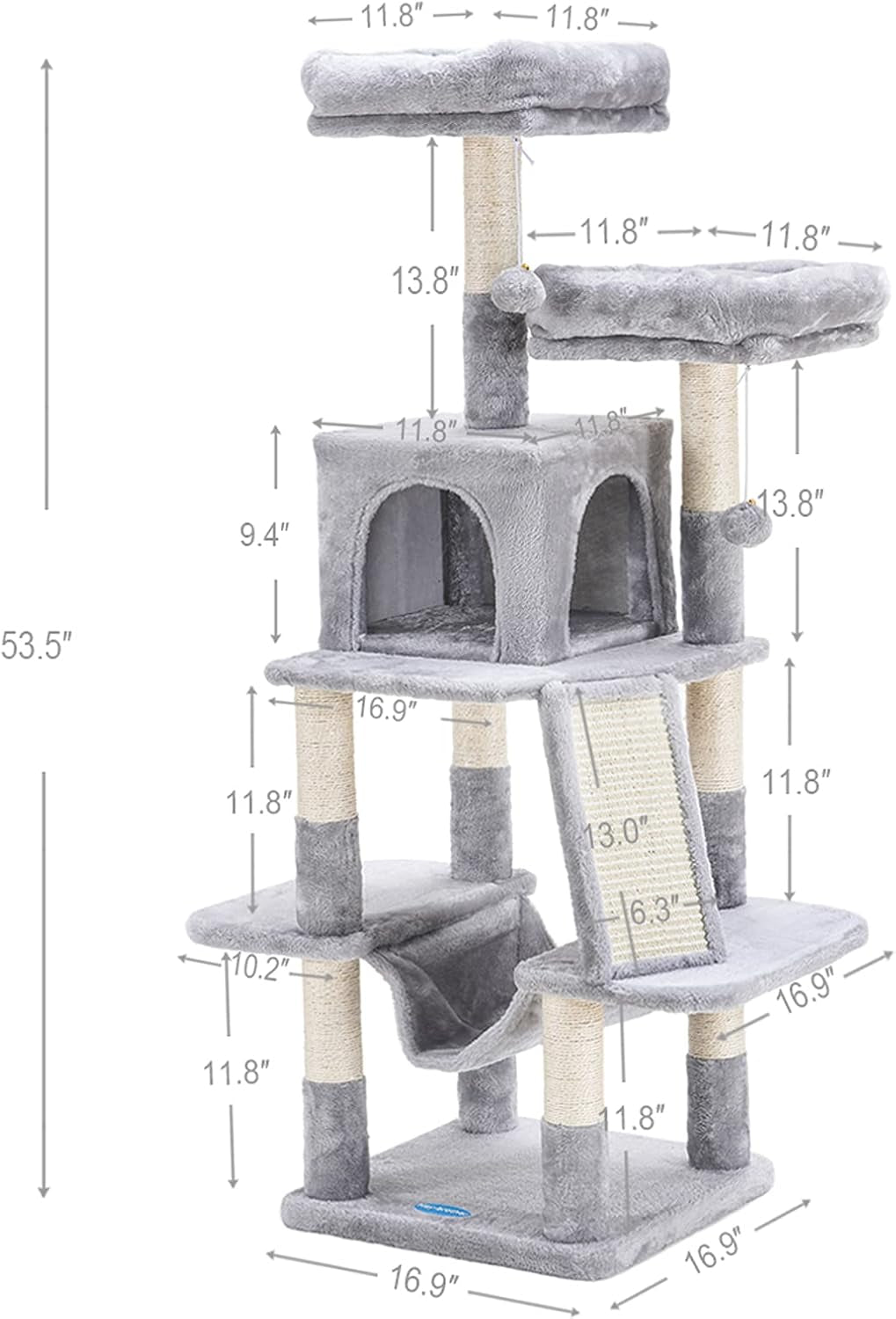 Cat Tree for Indoor Cats, 53 Inch Cat Tower with Scratch Posts, Sturdy Cat House with Cat Condo, 2 Well-Padded Cat Perches, Cat Hammock and Fur Balls Cat Toy Light Gray MPJ017W