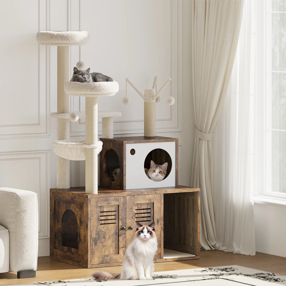 55'' Cat Tree with Litter Box Enclosure, Wooden Cat Washroom Furniture Wooden Cat Tower with Scratching Posts & Detachable Teaser Sticks, Cat Furniture Pet House, Fits Most Litter Boxes Cat Condo