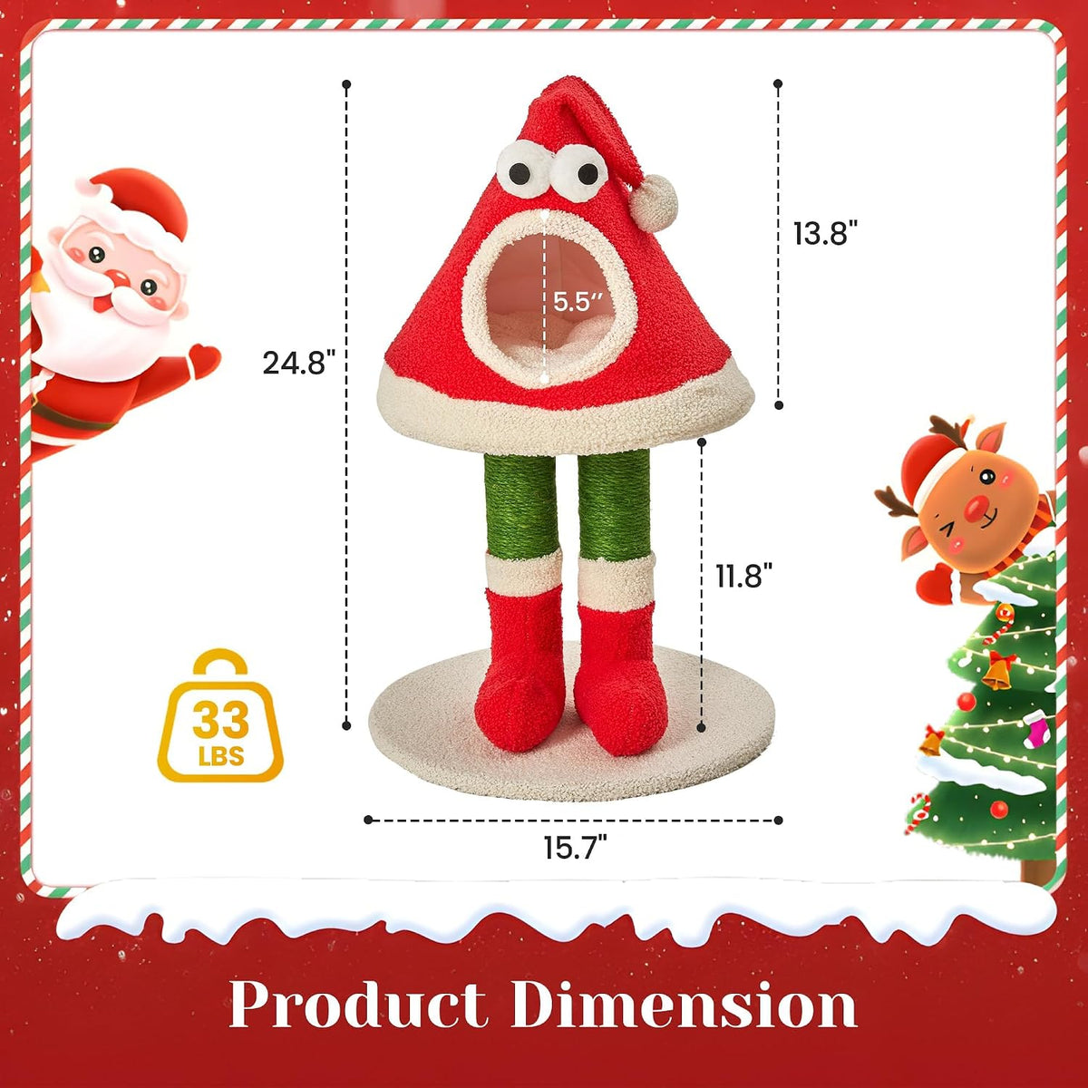 32" Cat Tree Tower –Santa Hat Design with Scratching Posts & Cozy Bed, Suitable for Small to Large Cats, Red