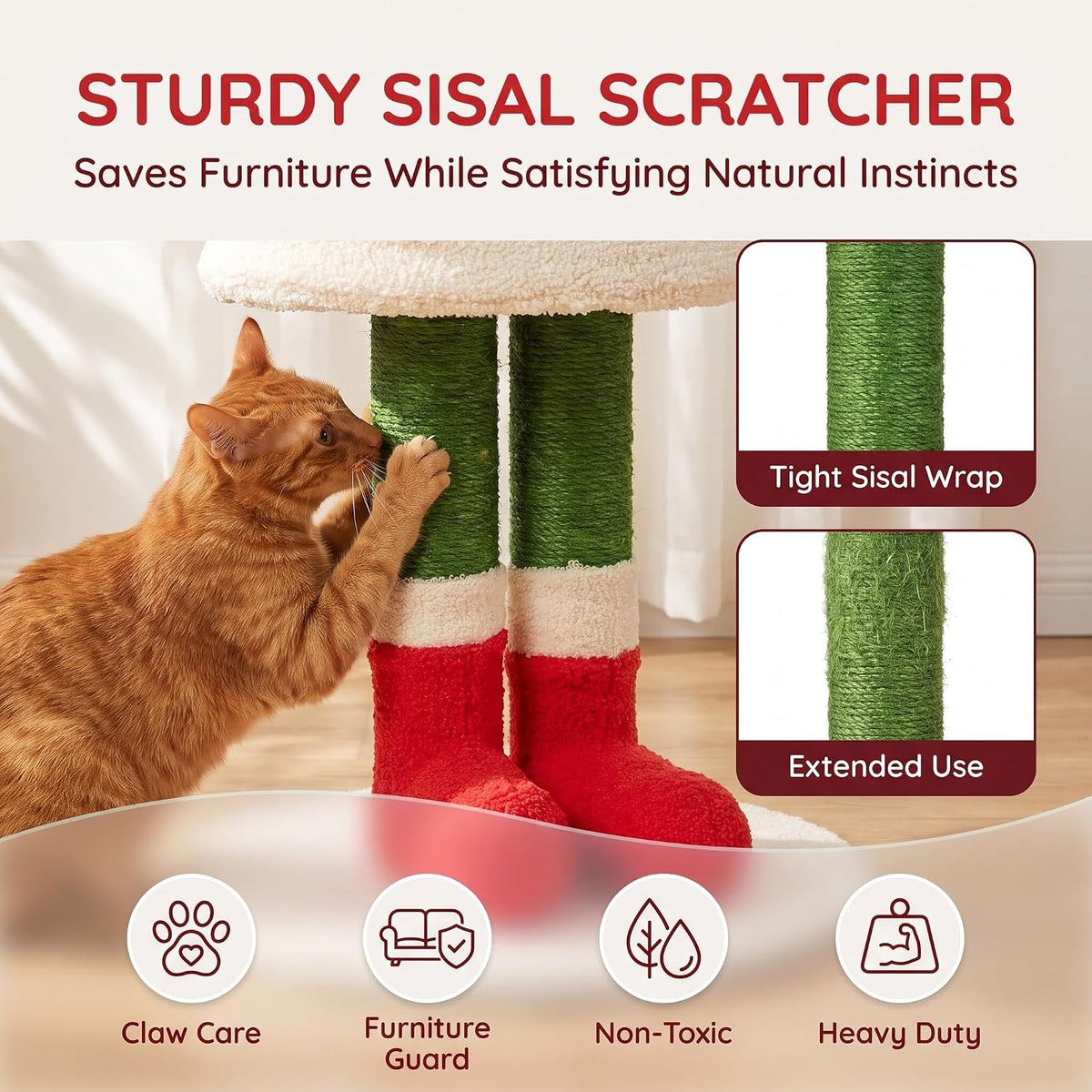 32" Cat Tree Tower –Santa Hat Design with Scratching Posts & Cozy Bed, Suitable for Small to Large Cats, Red
