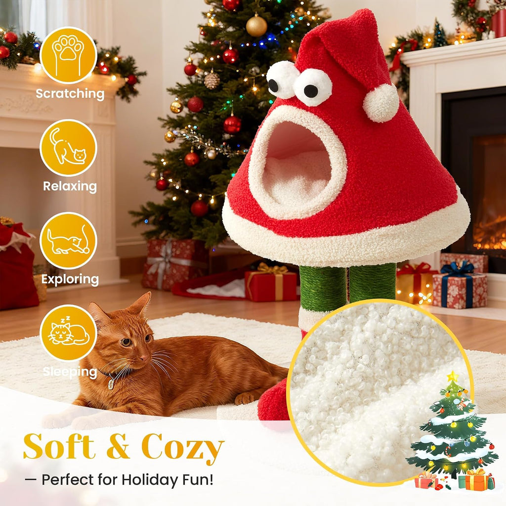 32" Cat Tree Tower –Santa Hat Design with Scratching Posts & Cozy Bed, Suitable for Small to Large Cats, Red