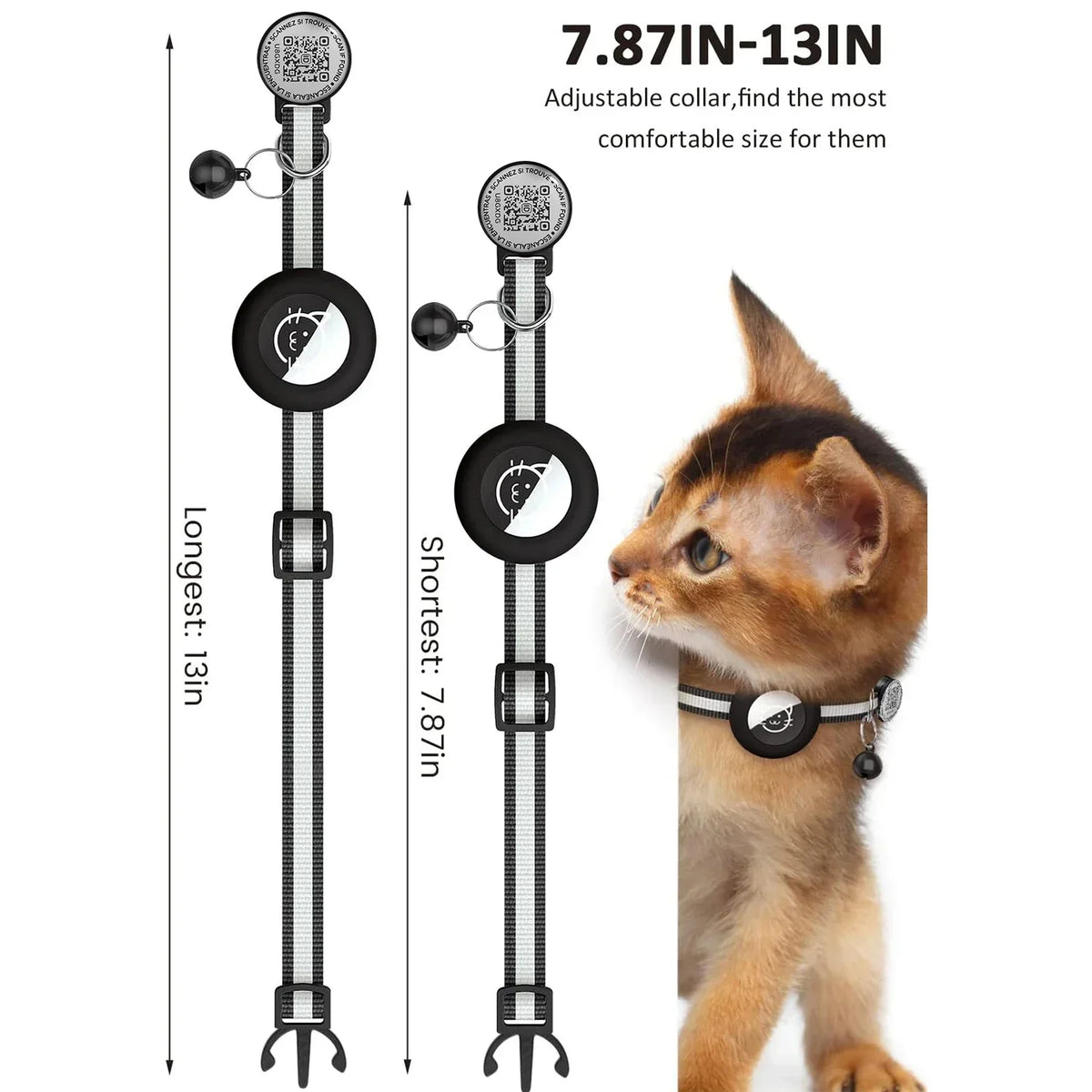 GPS Tracker Cat Collar with QR Name Tag & Airtag Holder, 2 in 1 Protection Reflective Kitten Collar for Cats Airtag Case(No GPS)