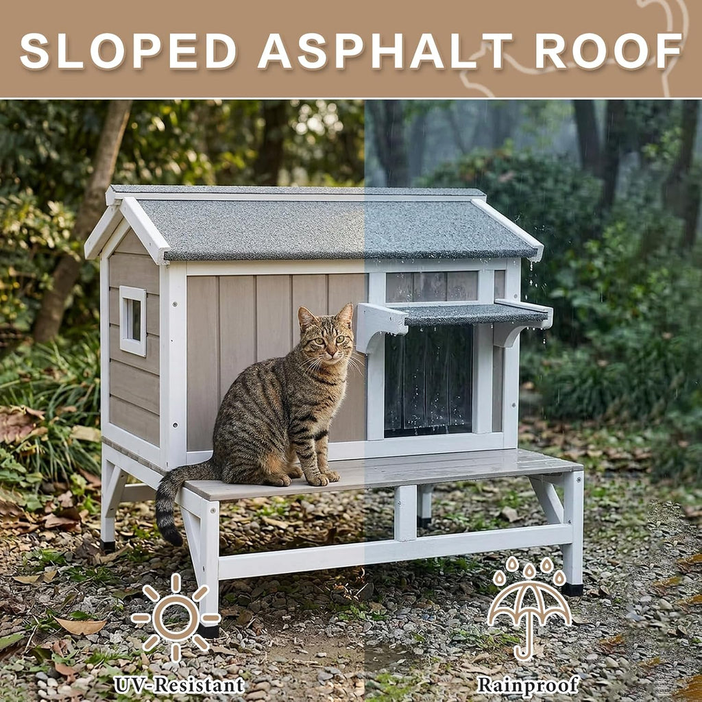 Outdoor Cat House – Weatherproof Wooden Shelter with Elevated Base, Balcony & Openable Roof, 2-Story Cozy Condo with Built-In Cat Scratch Mat for Small, Feral, or Community Cats