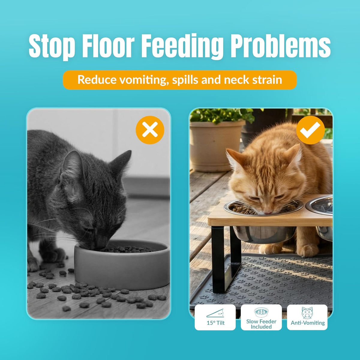 Raised Cat Food Bowls-3 Bowl Elevated Cat Feeding Station with Mat | Elevated Cat Food Bowls anti Vomiting-15° Tilted Cat Food Bowls & Elevated Slow Feeder Cat Bowls for Healthier Meals