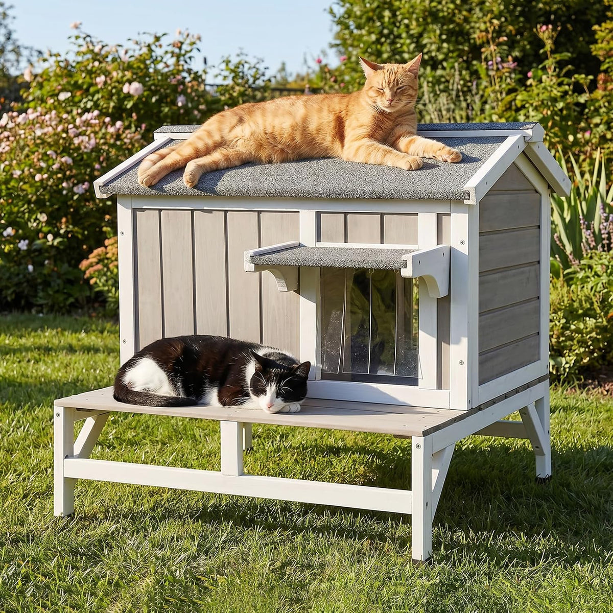 Outdoor Cat House – Weatherproof Wooden Shelter with Elevated Base, Balcony & Openable Roof, 2-Story Cozy Condo with Built-In Cat Scratch Mat for Small, Feral, or Community Cats