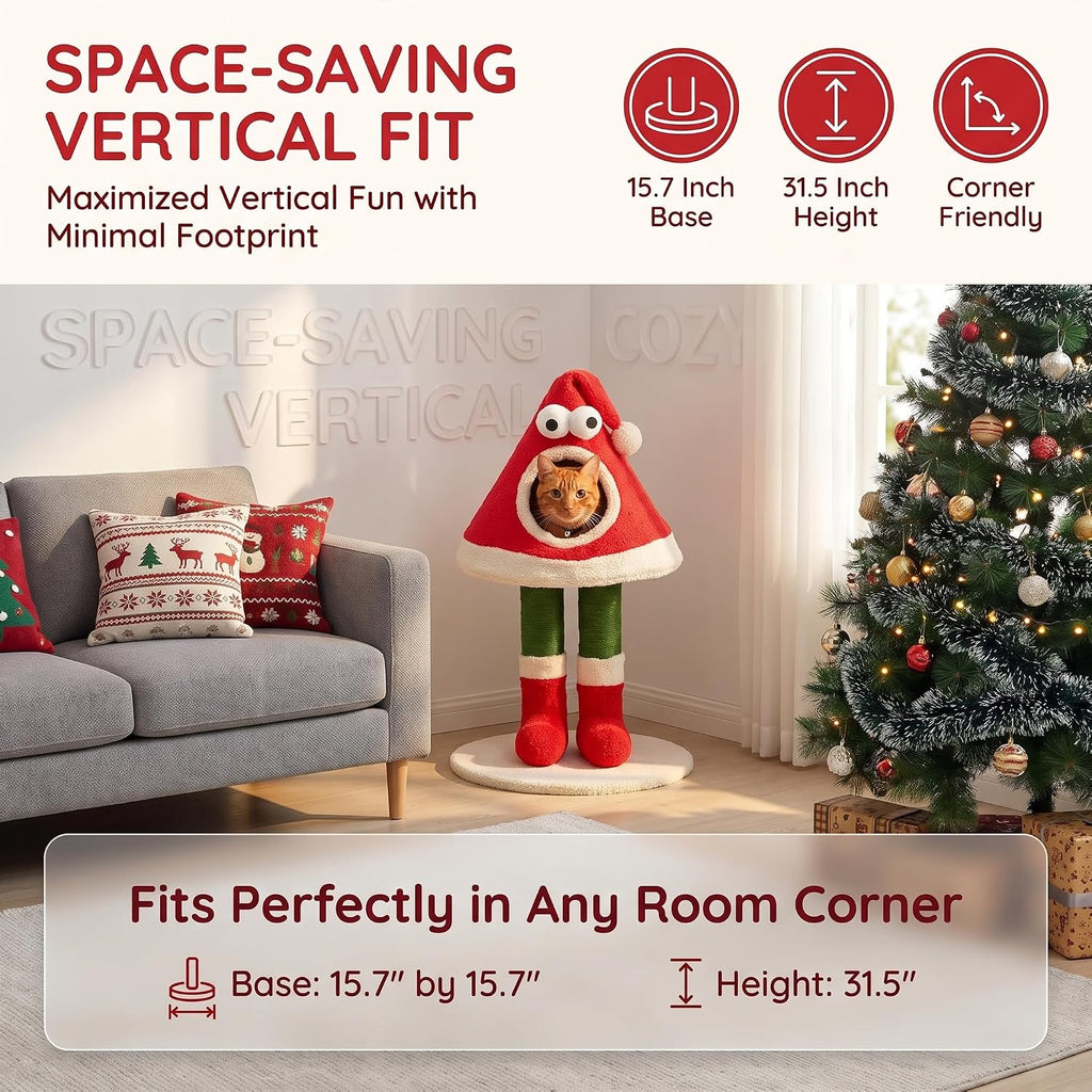 32" Cat Tree Tower –Santa Hat Design with Scratching Posts & Cozy Bed, Suitable for Small to Large Cats, Red