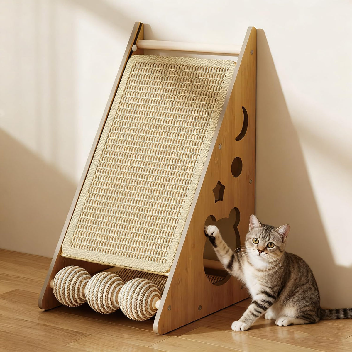 ​Cat Scratcher with Nest - Non-Shedding Vertical Cat Scratching Post, Cat Board Scratcher with 3 Sisal Balls for Indoor Cats, Reliable Wall Mounting