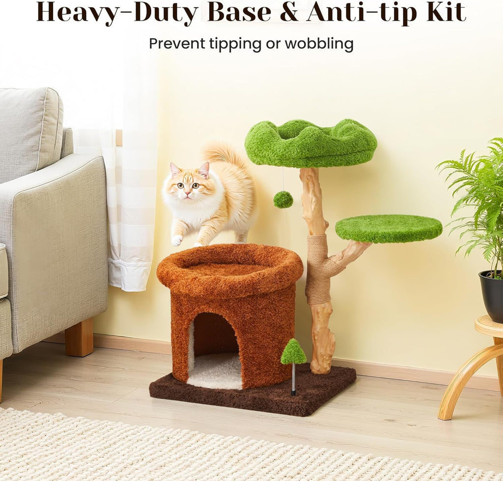 32" Multi-Level Cat Tree Tower, Natural Wood Cat Furniture with Sisal Scratching Posts, Beds & Condo, Cute Cat Tree for Indoor Cats and Multi-Cat Households