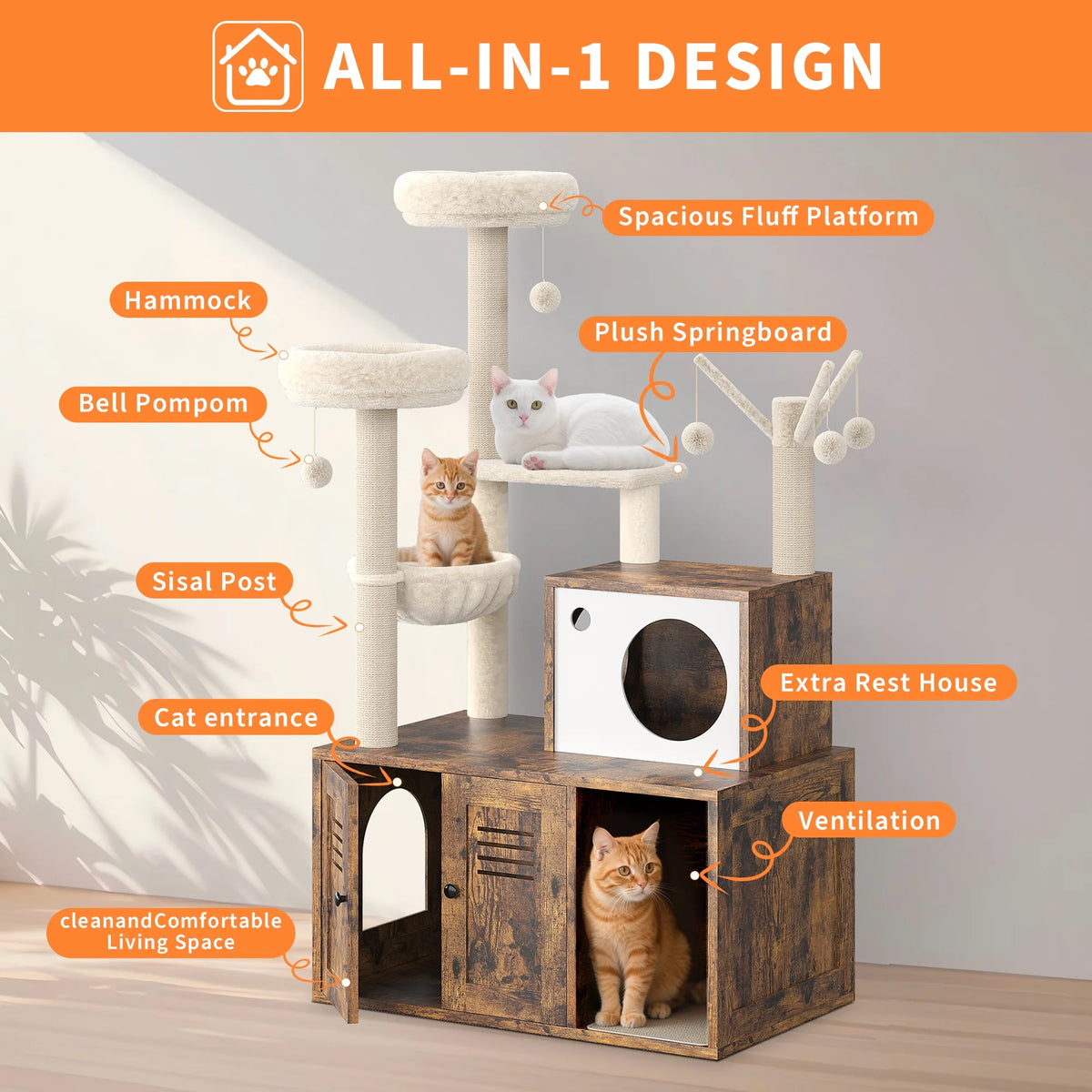55'' Cat Tree with Litter Box Enclosure, Wooden Cat Washroom Furniture Wooden Cat Tower with Scratching Posts & Detachable Teaser Sticks, Cat Furniture Pet House, Fits Most Litter Boxes Cat Condo